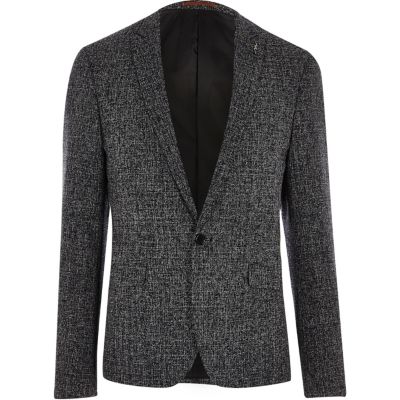 Navy blue textured skinny fit suit jacket